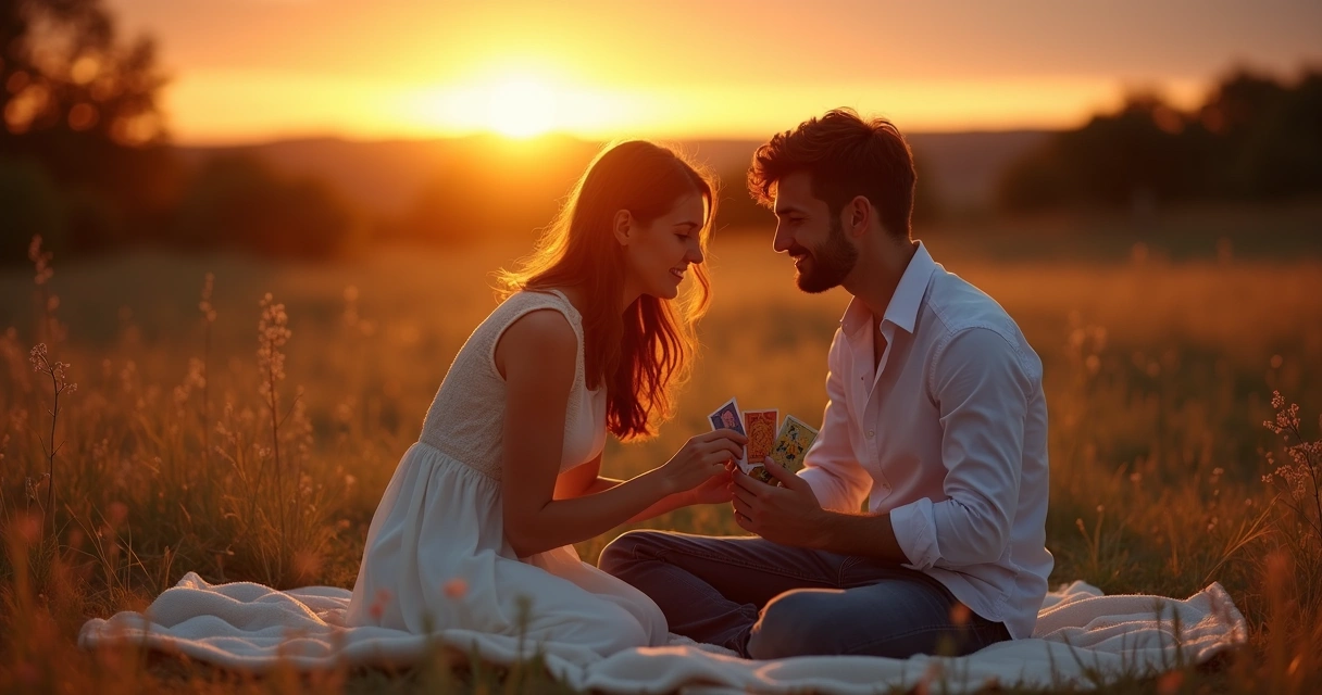 Casal jovem sentado juntos lendo cartas de baralho cigano, clima romântico ao entardecer 