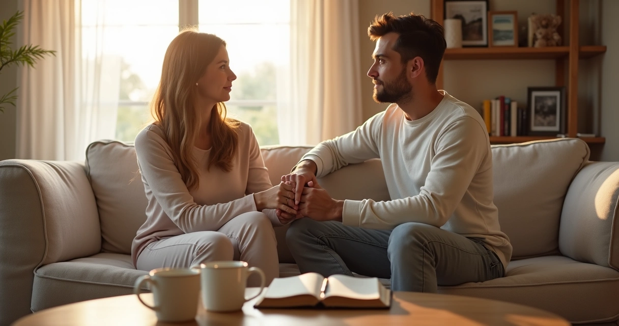 Casal cristão sentado de frente conversando com sinceridade no sofá 