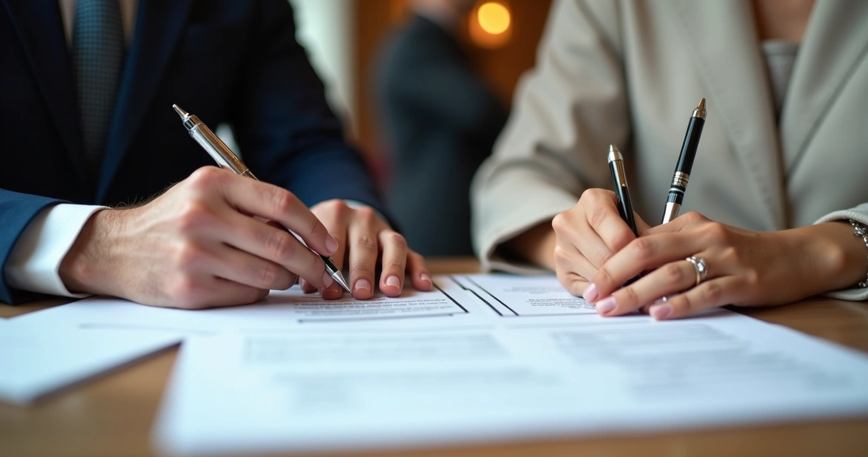 Casal assinando documentos em cartório de casamento