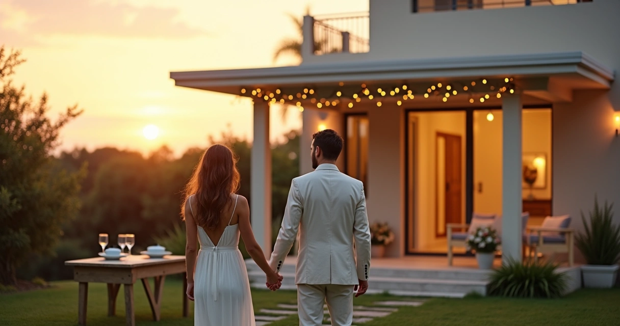 Casal se abraça em frente a casa decorada para casamento 