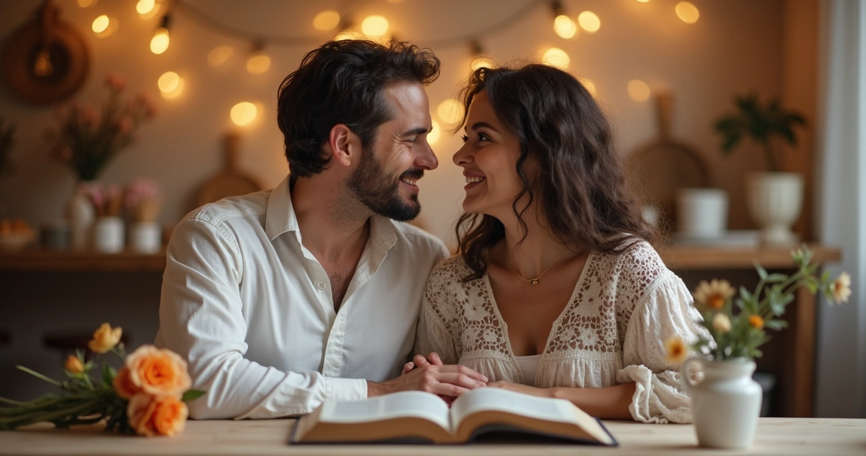 Casal sorrindo um para o outro em ambiente acolhedor, com livros e flores ao fundo 