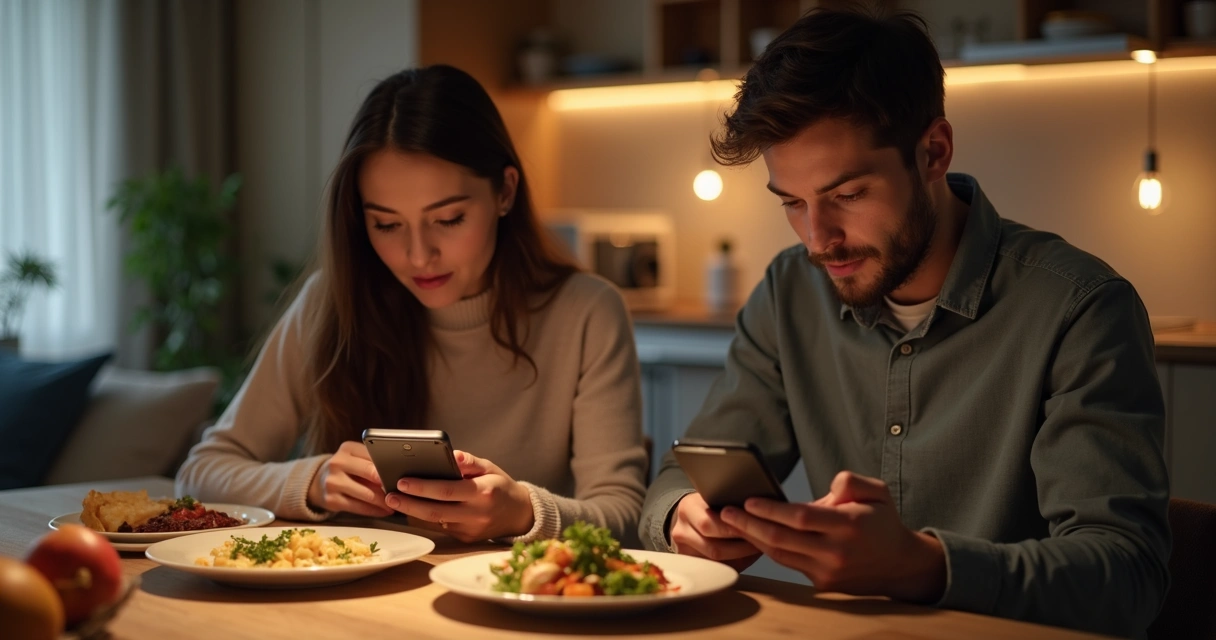 Casal à mesa olhando celulares durante o jantar