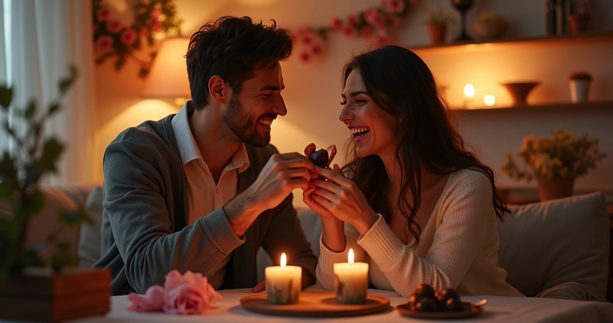 Casal sorrindo trocando chocolates em ambiente romântico 