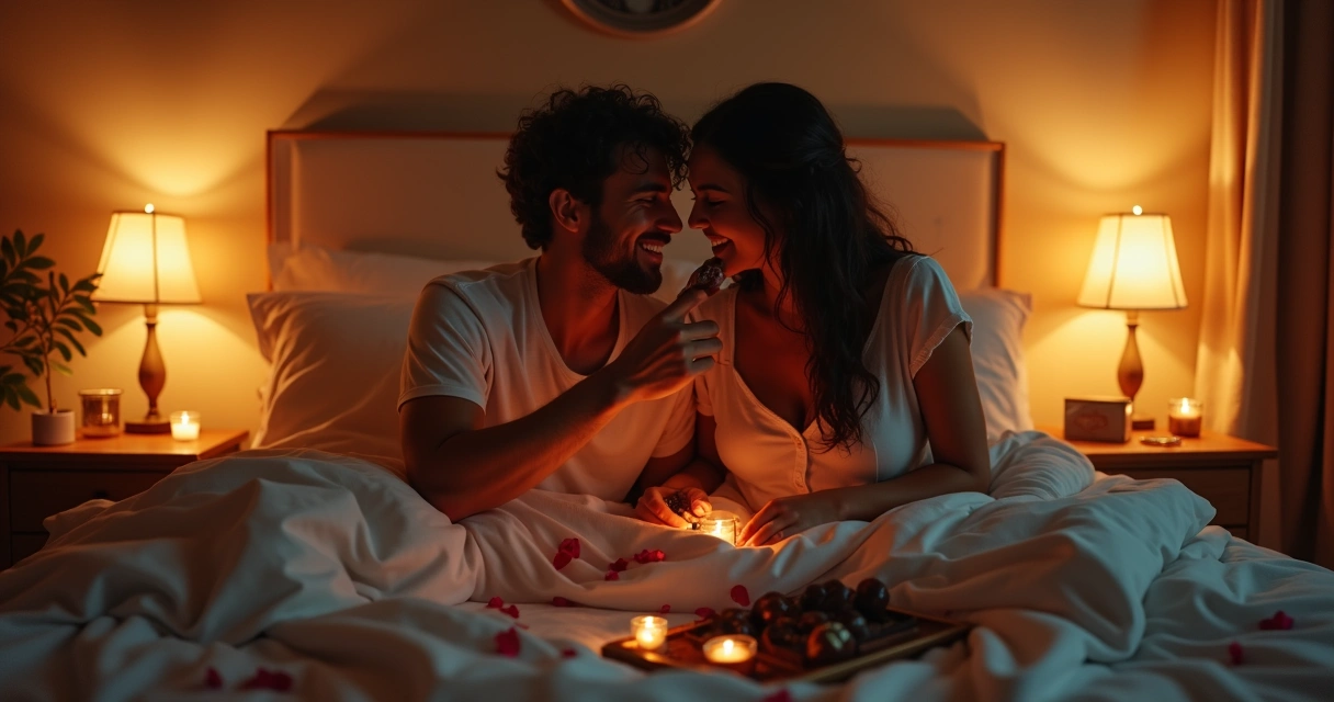 Casal sentado na cama experimentando chocolate juntos, clima íntimo, luz baixa 