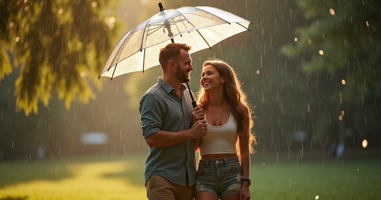 Casal sorrindo sob chuva fraca durante passeio romântico 