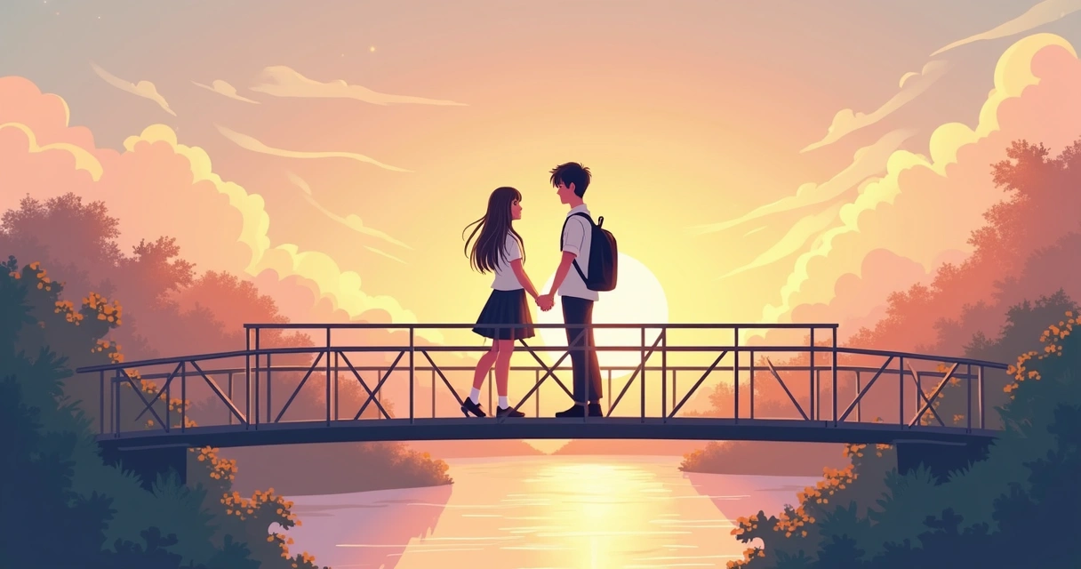 Casal escolar em ponte ao pôr do sol 