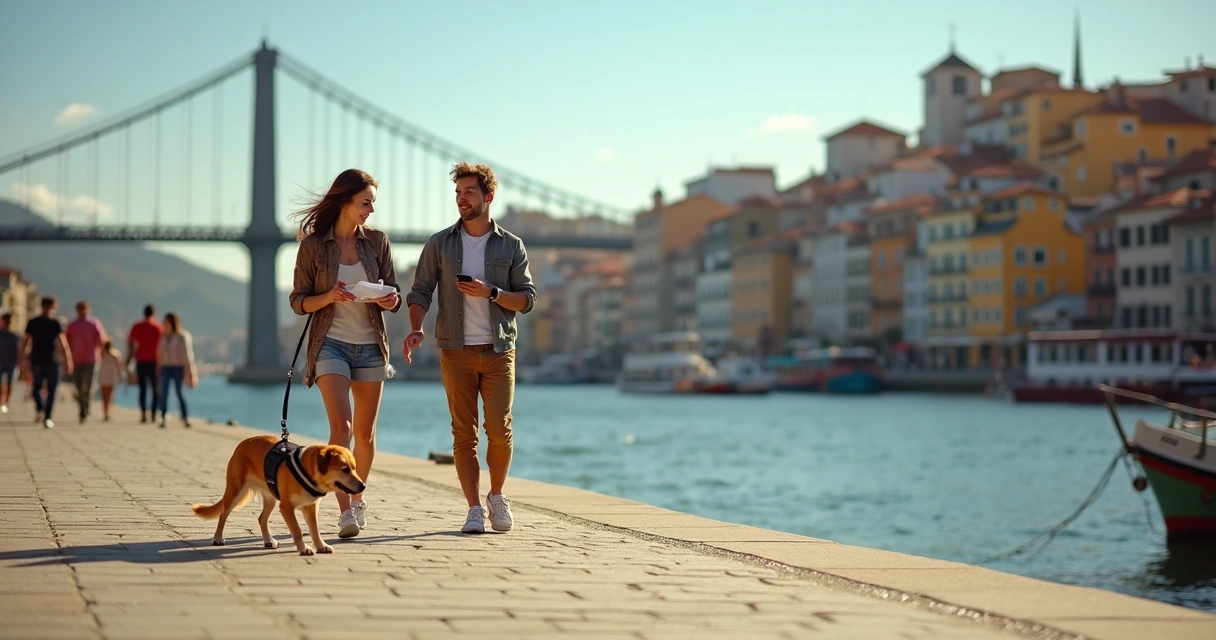Casal a passear com o cão junto ao rio Douro no Porto 