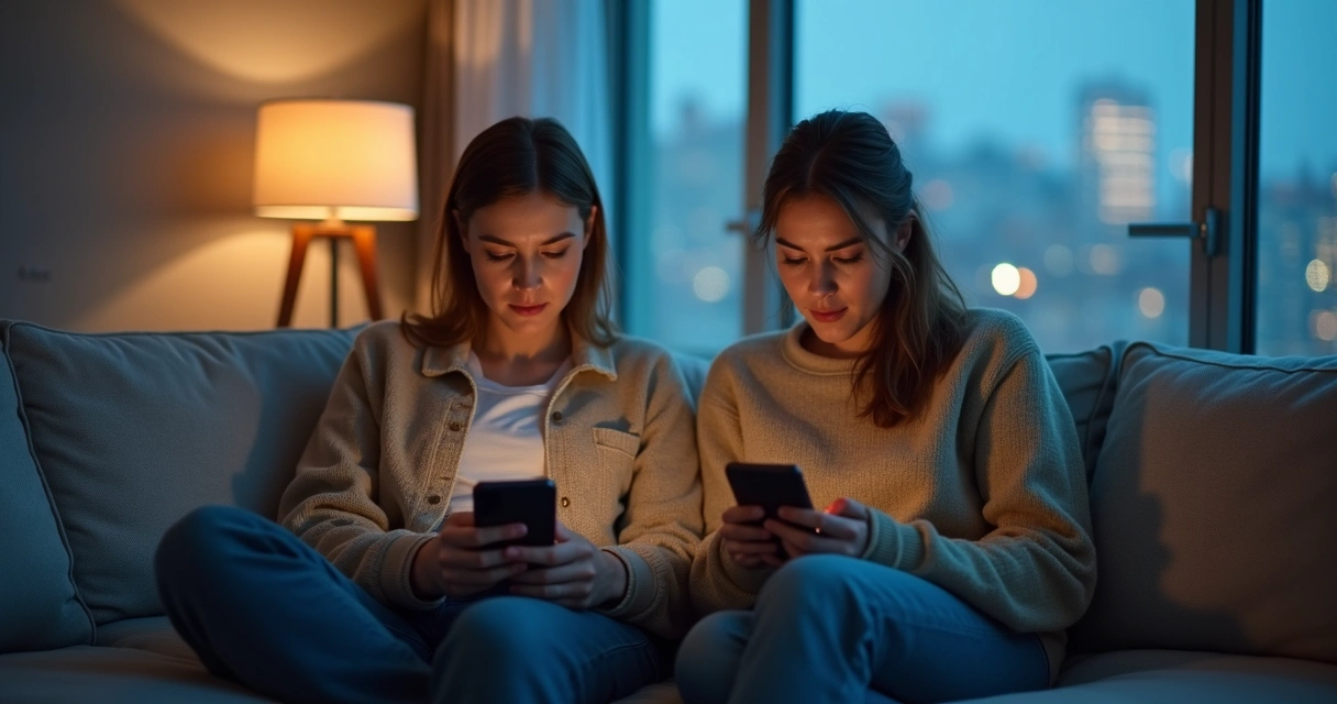 Casal sentado no sofá, cada um olhando para seu celular 
