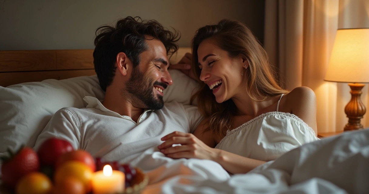 Casal sorrindo experimentando chocolate afrodisíaco Love On 