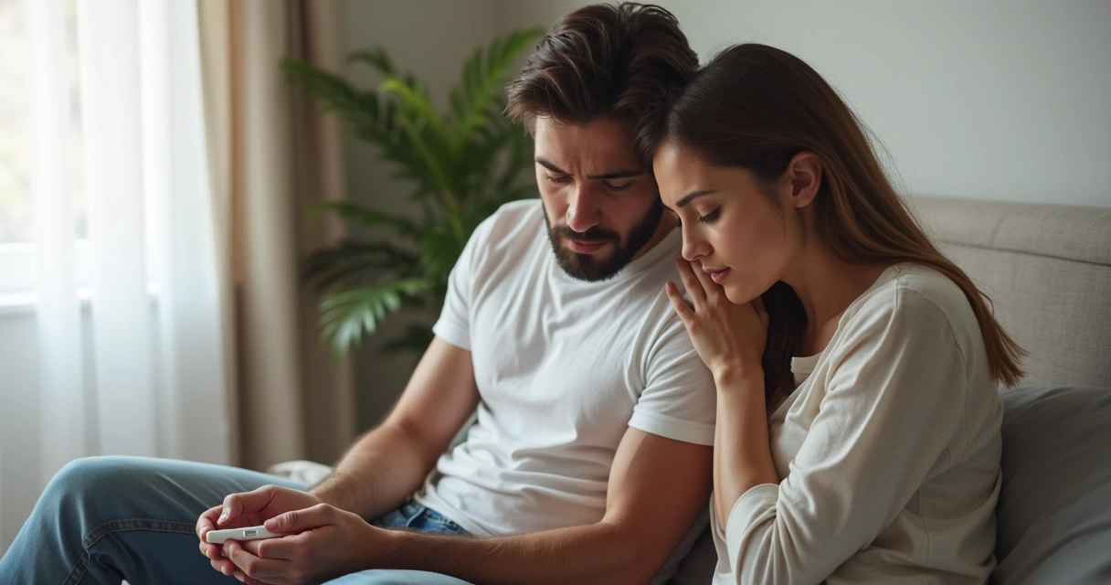 Casal olhando preocupado para teste de gravidez negativo