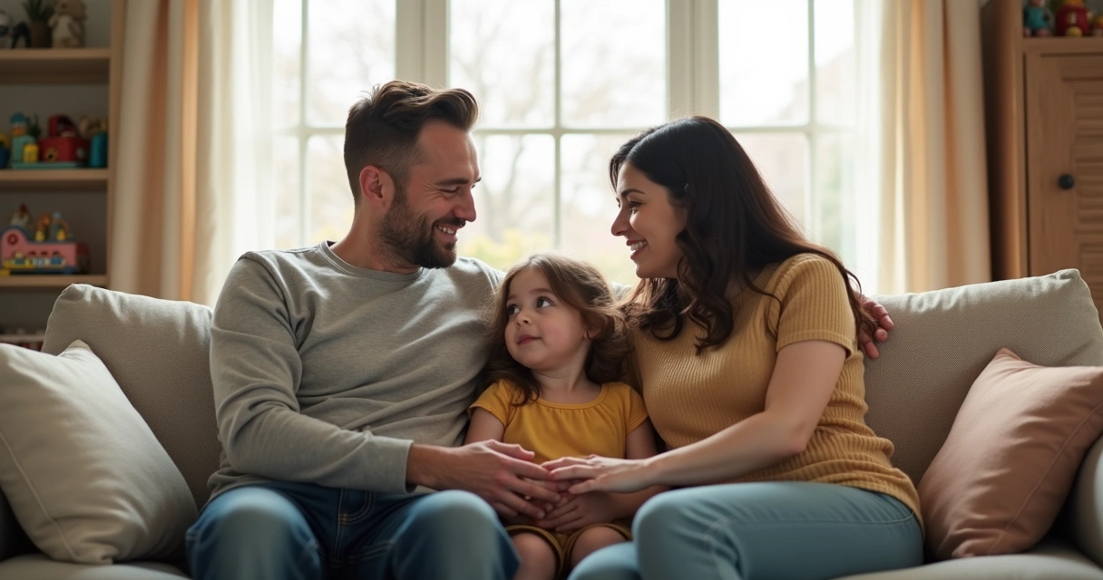 Pai, mãe e filha sorrindo sentados juntos no sofá