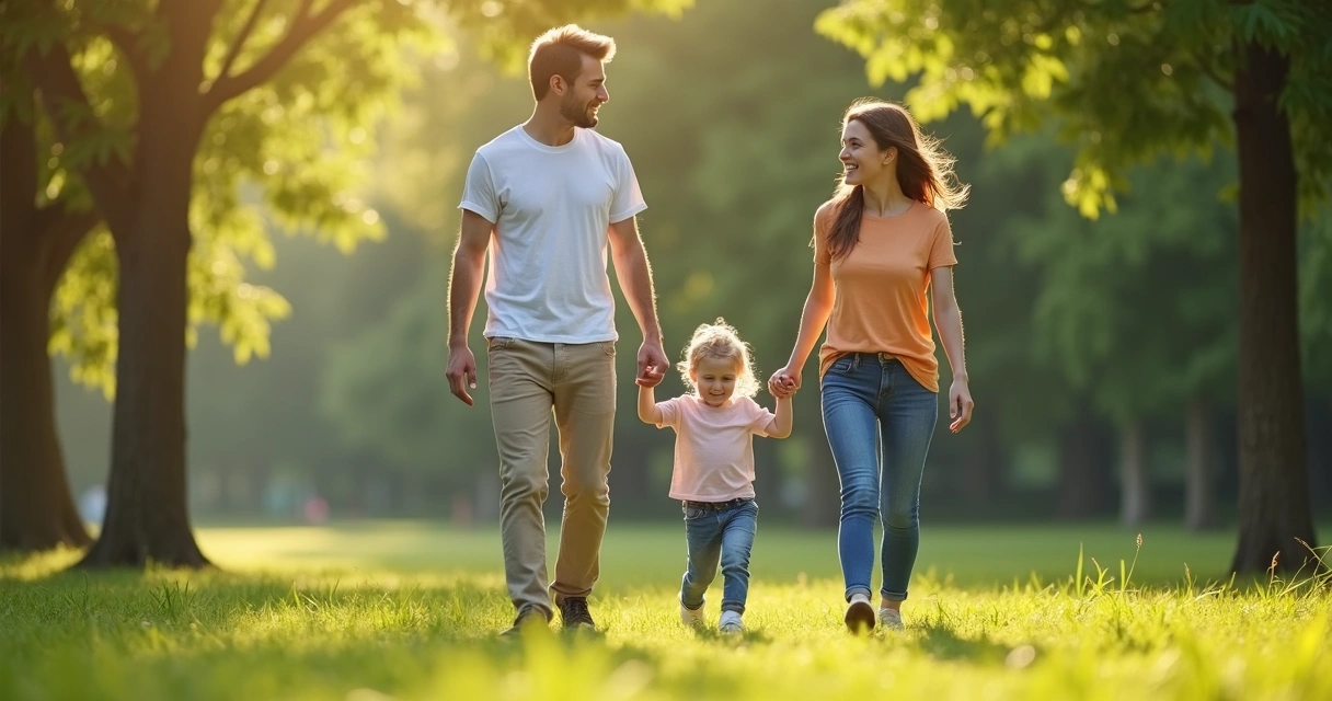 Casal jovem com filho pequeno caminhando juntos 