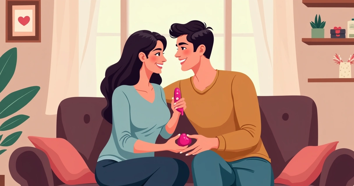 Casal sorridente segurando vibrador discreto