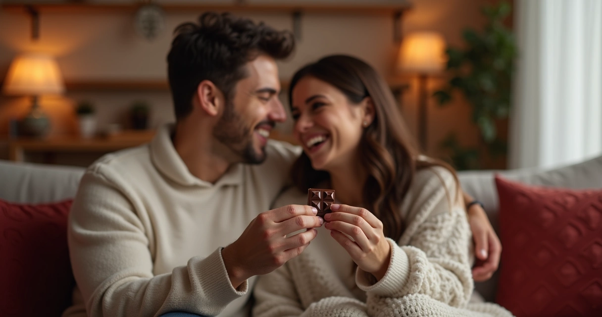 Casal sentado no sofá, sorrindo, compartilhando pedaço de chocolate juntos 