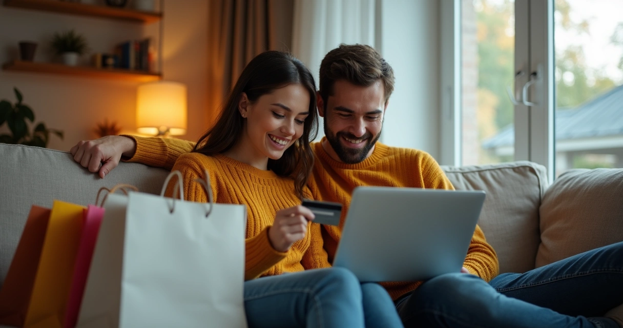 Casal sentado em casa fazendo compras online usando notebook e cartão de crédito