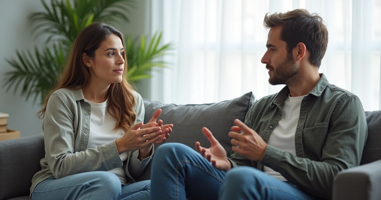 Casal sentado em sofá, conversando seriamente olhando um para o outro