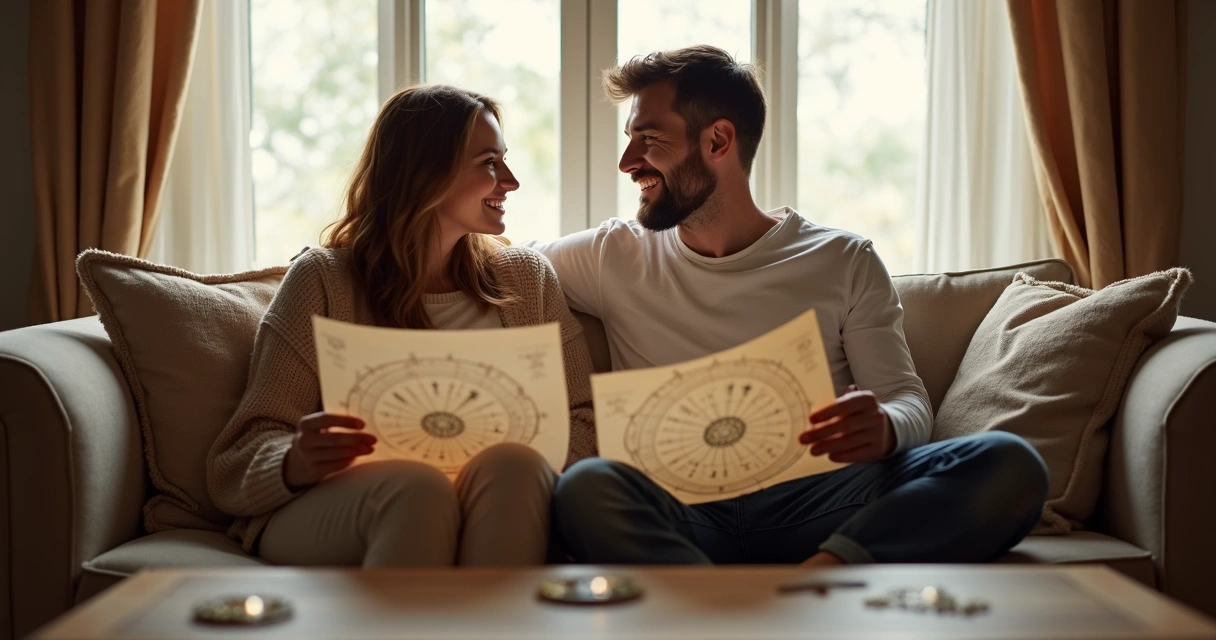 Casal sentado no sofá, olhando um para o outro, cada um com um mapa astral em mãos, discutindo em clima de cumplicidade