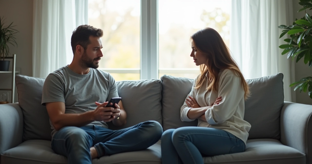 Casal sentado de costas um para o outro no sofá, mostrando afastamento emocional