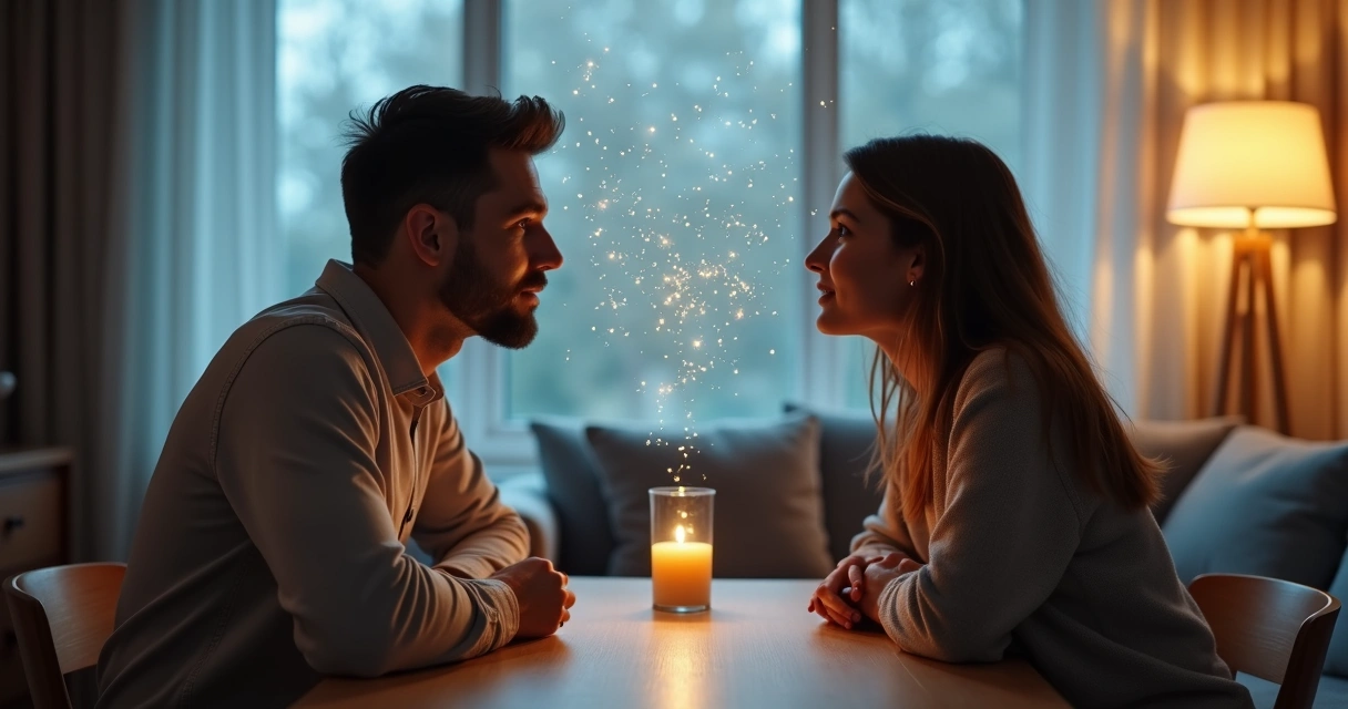 Casal sentado frente a frente com barreira invisível entre eles 