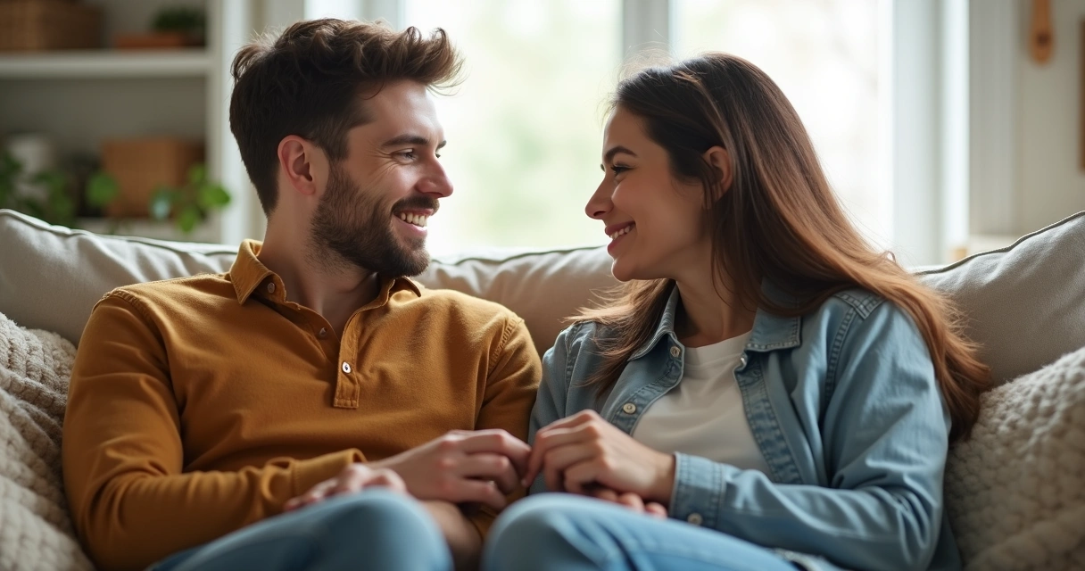 Casal conversando sentados em um sofá, olhando nos olhos