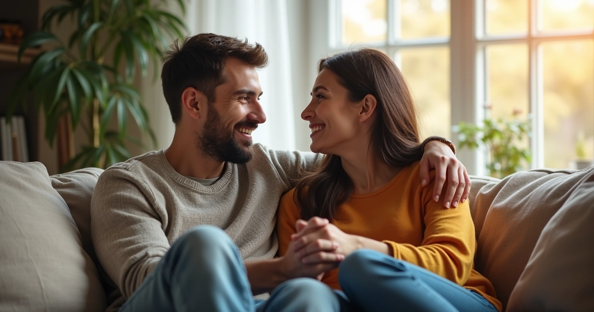 Casal de mãos dadas, olhando um para o outro e sorrindo