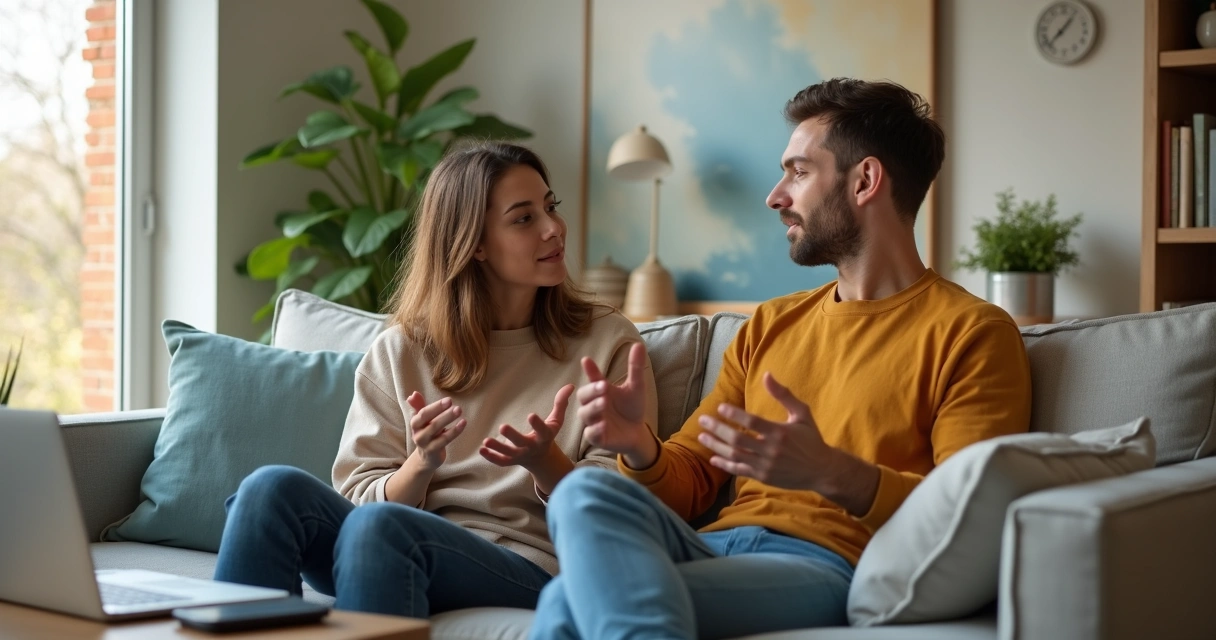 Casal sentado em sofá moderno em conversa profunda e tranquila 
