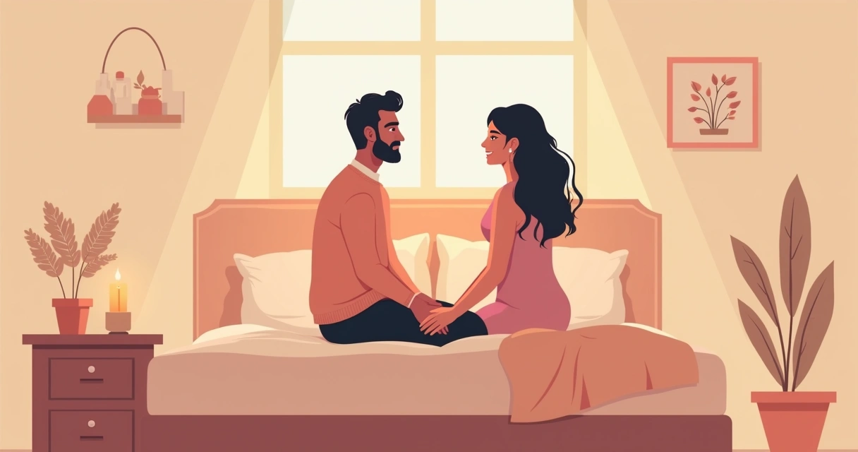 Casal sentado na cama em clima íntimo com luz suave 