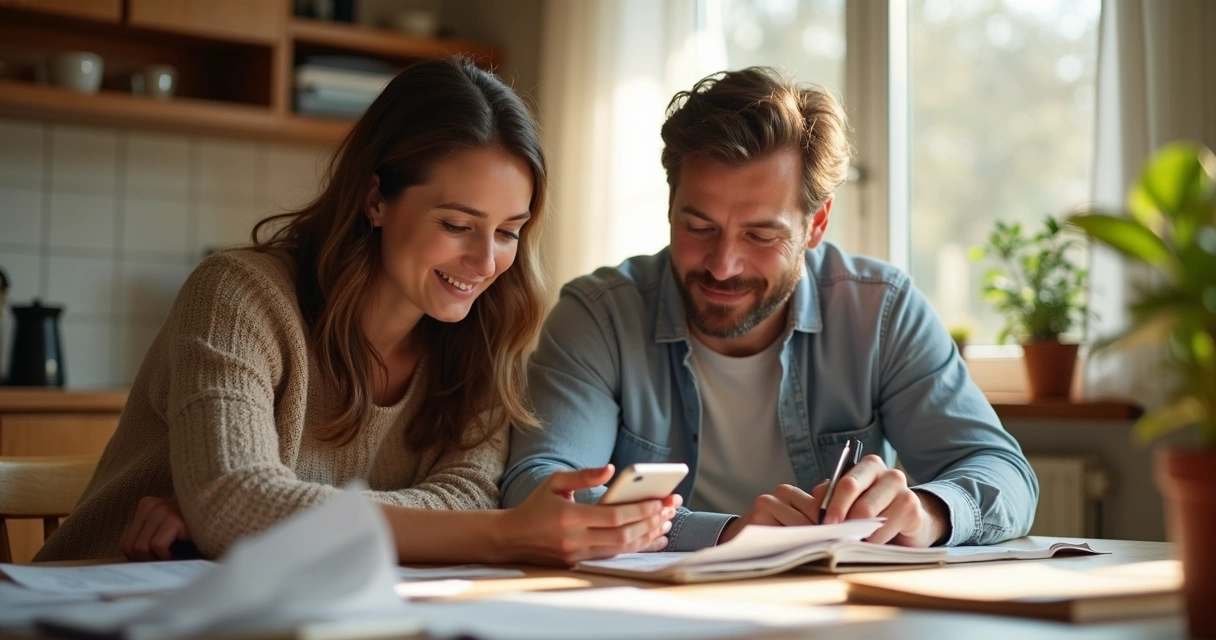 Casal conferindo contas e comprovantes em casa, usando celular e papel