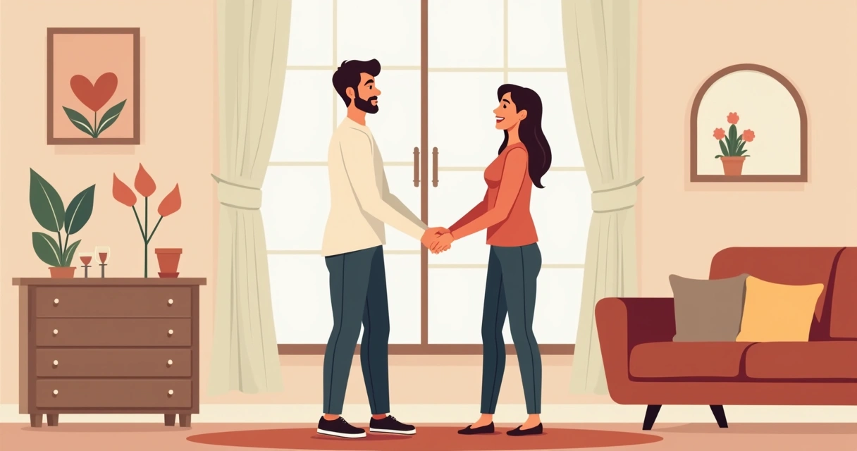 Casal sorrindo de mãos dadas em casa 