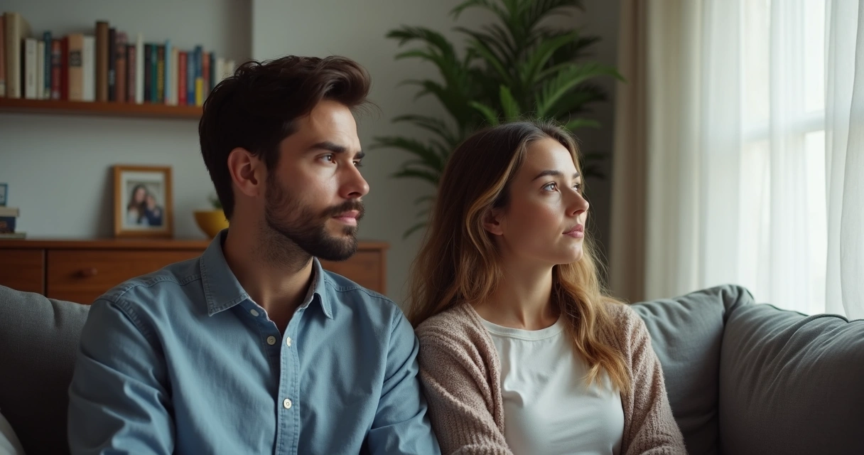 Casal sentado em sofá, olhando em direções opostas