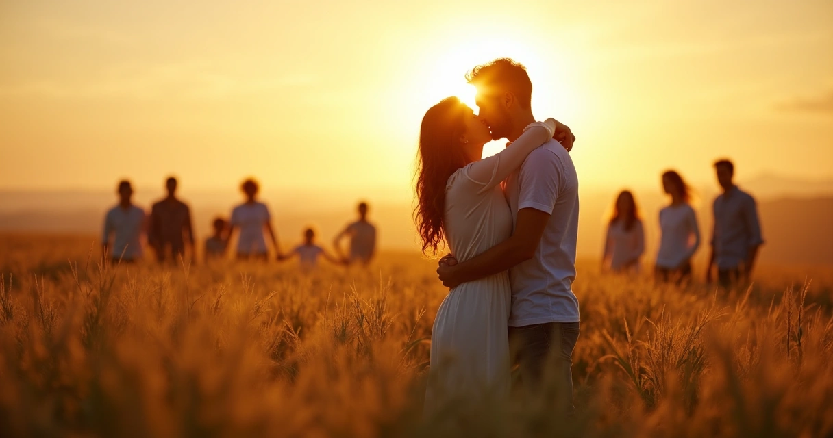 Casal abraçado em um campo, rodeado por silhuetas de pessoas ao fundo 