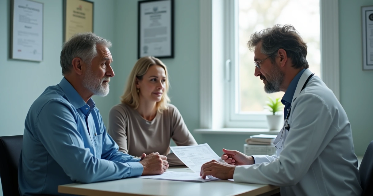 Casal conversando com médico em consultório 