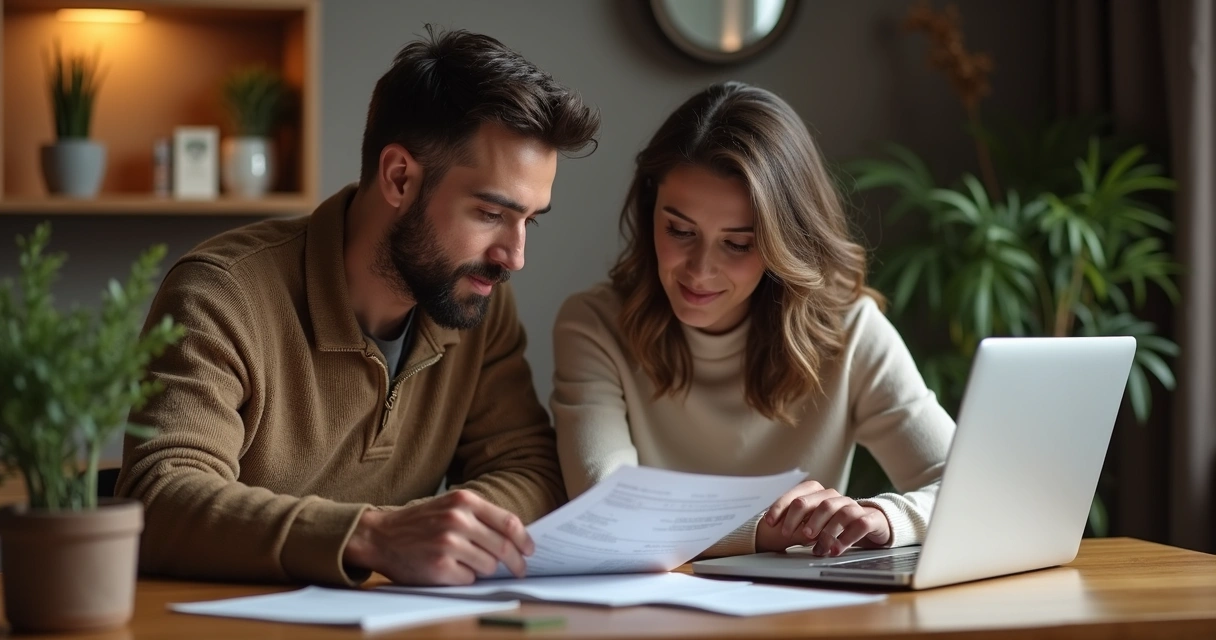 Casal sentados à mesa analisando extrato bancário juntos 