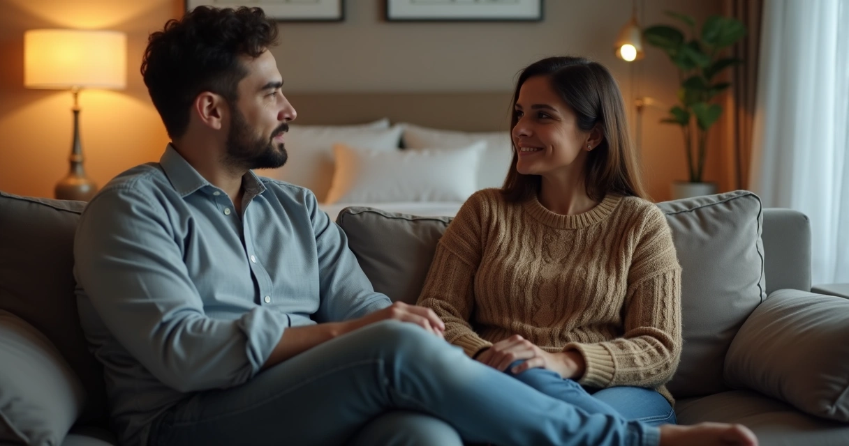 Casal sentado conversando com calma em ambiente íntimo e acolhedor 