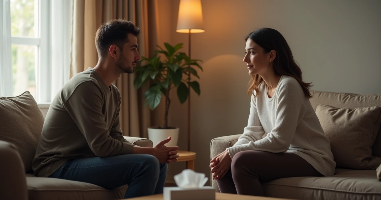 Casal sentado conversando com escuta acolhedora 