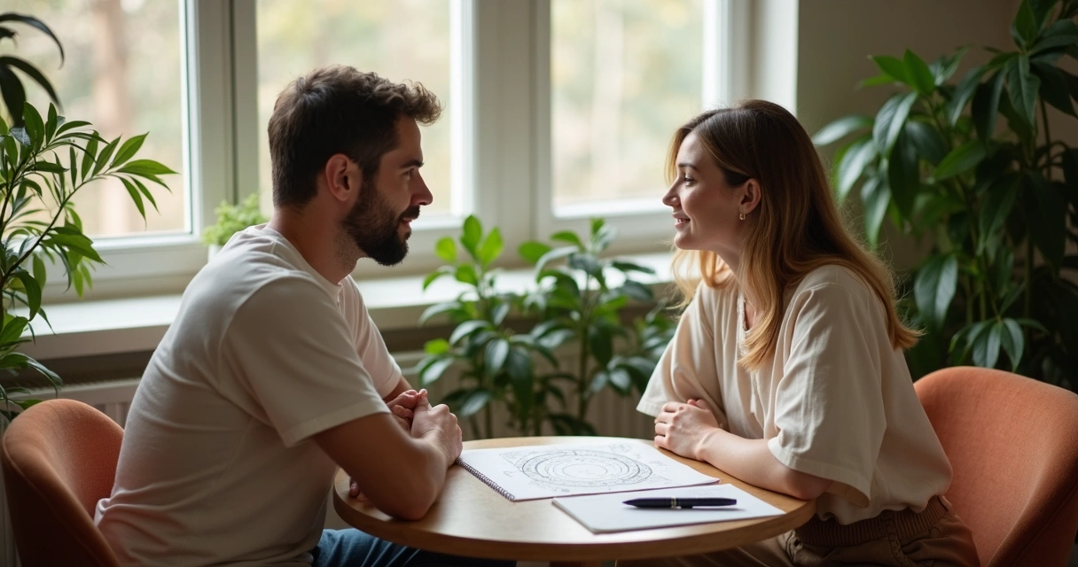 Casal sentado conversando com mapa astral sobre a mesa 