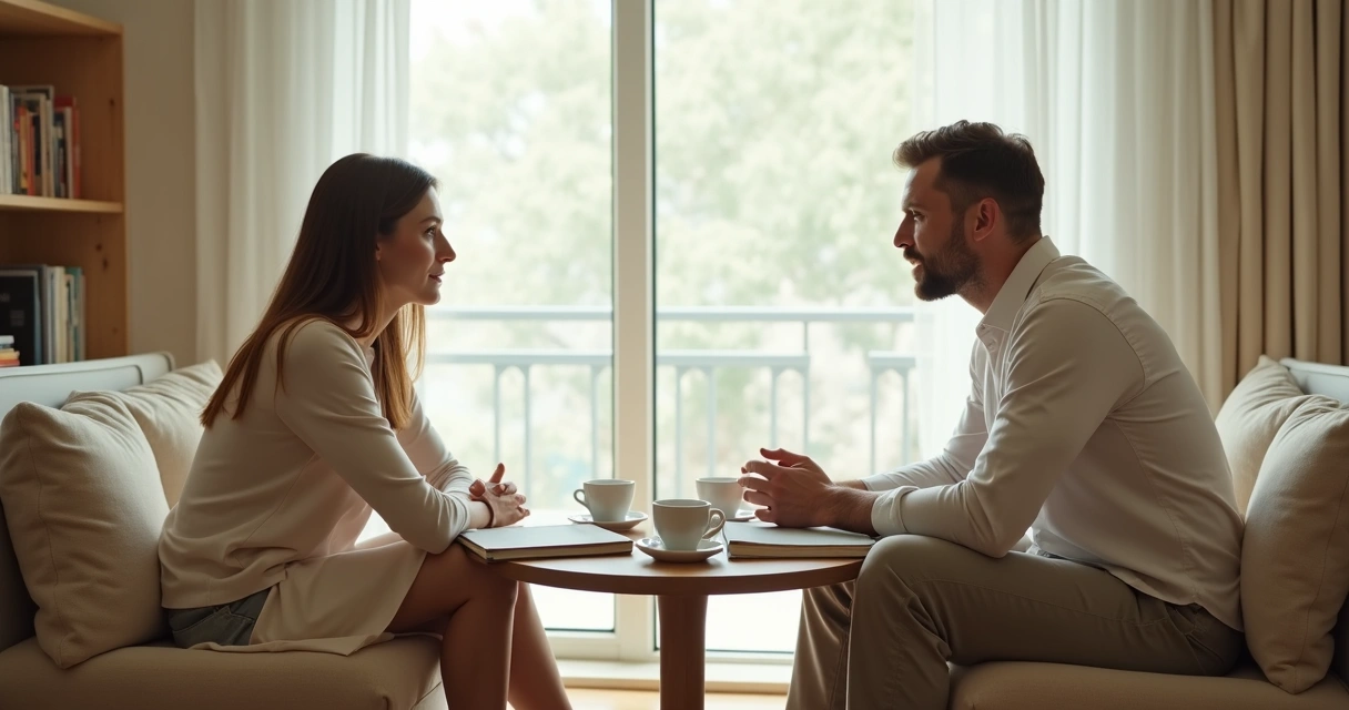 Casal sentado conversando em sala clara com clima de escuta