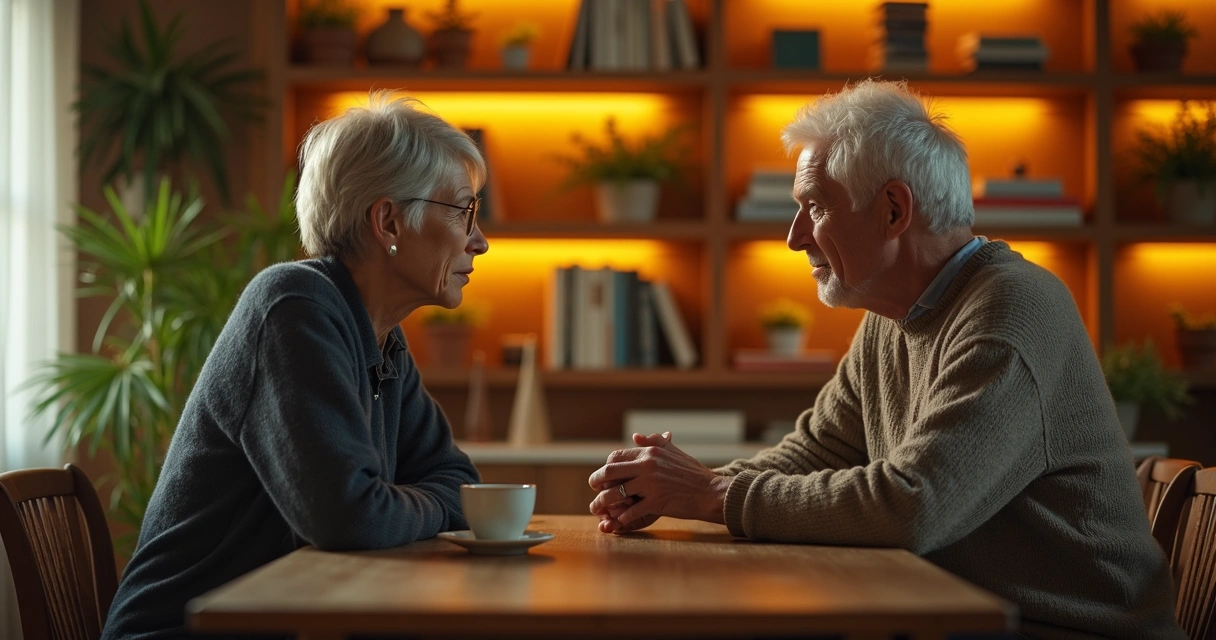 Casal sentado conversando de maneira profunda