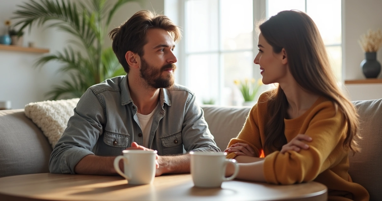 Casal sentado conversando olho no olho em um ambiente iluminado, com expressão de atenção mútua 