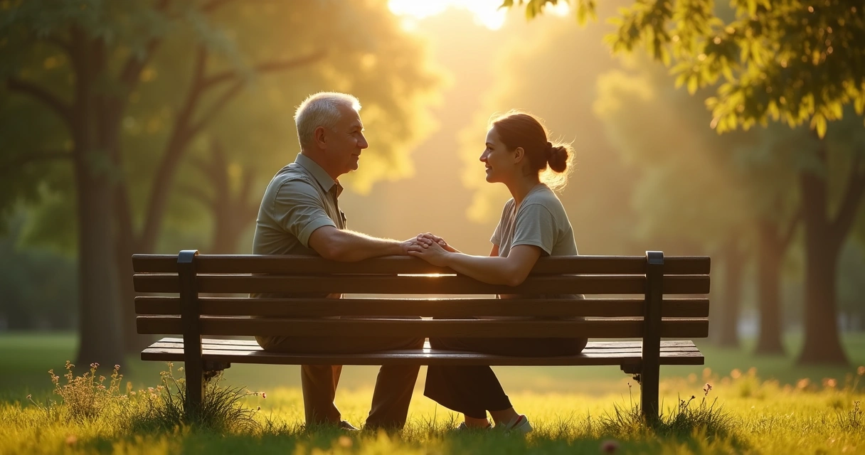 Casal sentados em banco de parque conversando com tranquilidade 