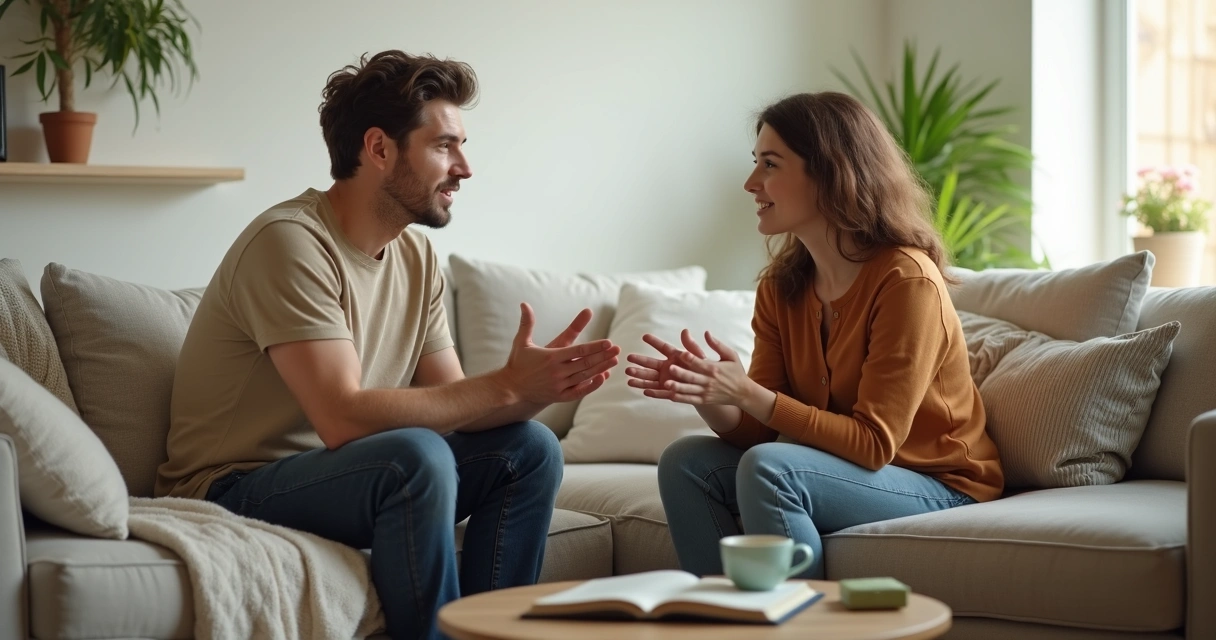 Dois adultos conversando com empatia sentados em um sofá 