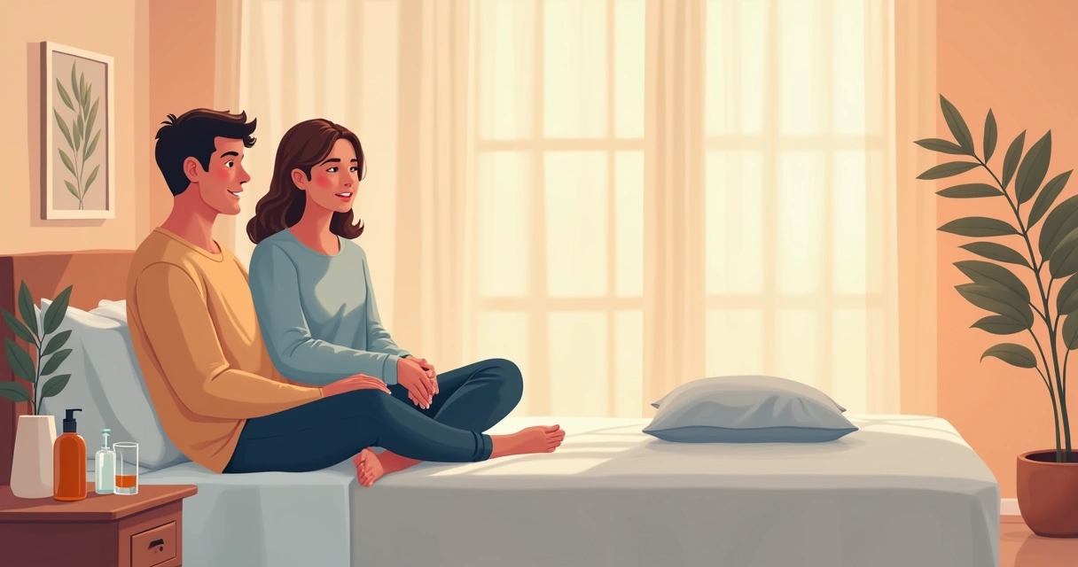 Casal conversando em ambiente íntimo com produtos sobre a mesa 
