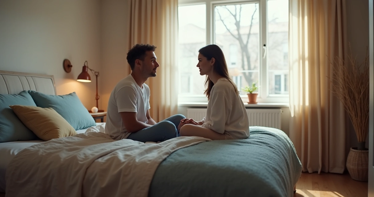 Casal sentado na cama conversando com ambiente acolhedor 