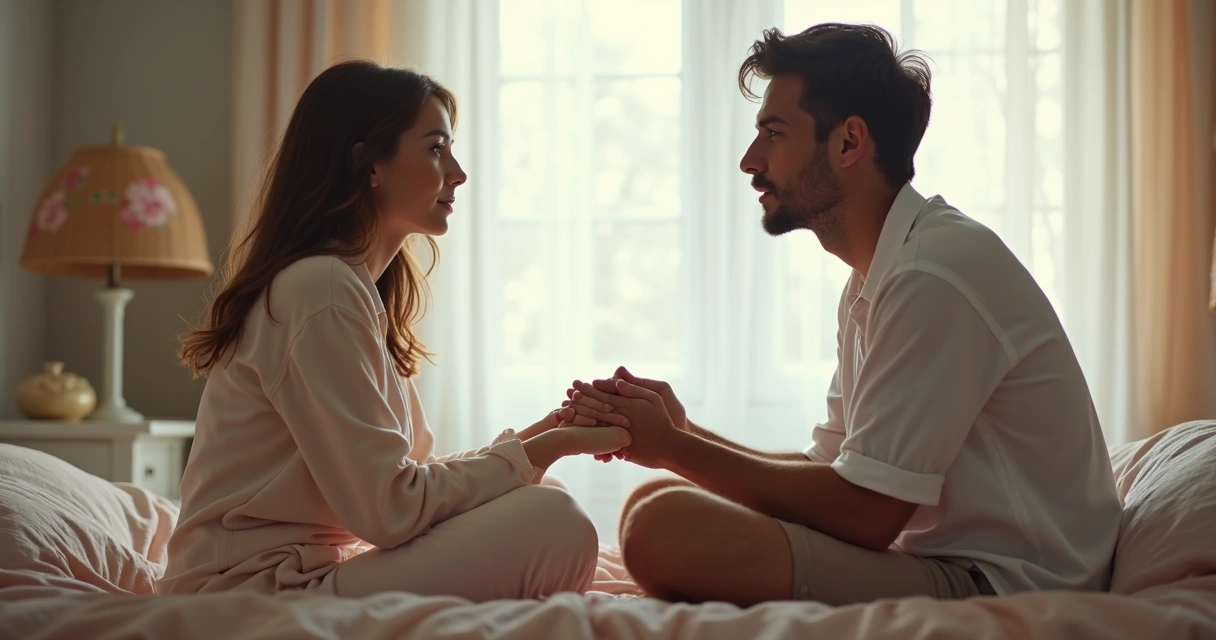 Casal sentado na cama conversando de mãos dadas