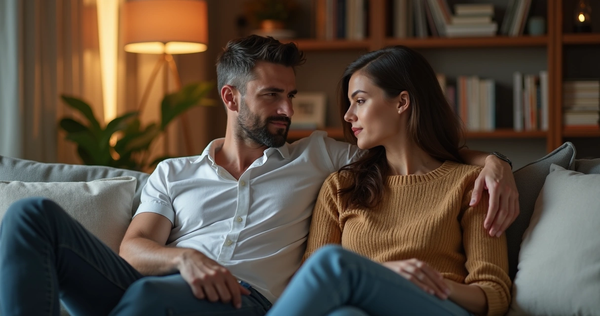Casal sentado juntos em sala moderna, conversando de forma tranquila e acolhedora 