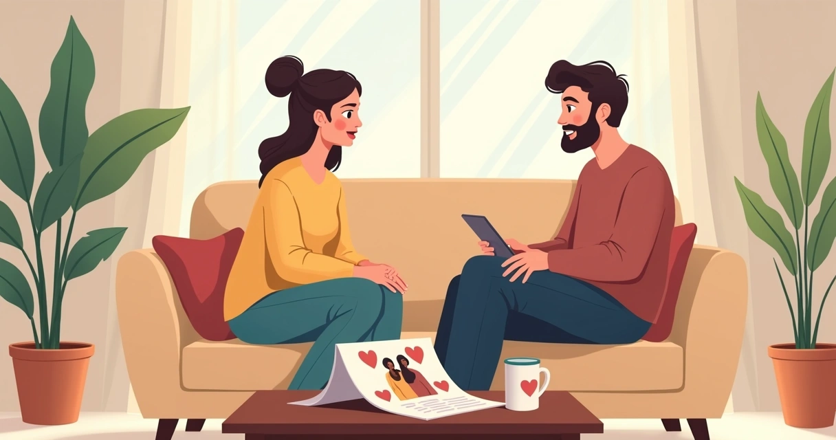 Casal sentado no sofá conversando de maneira amigável