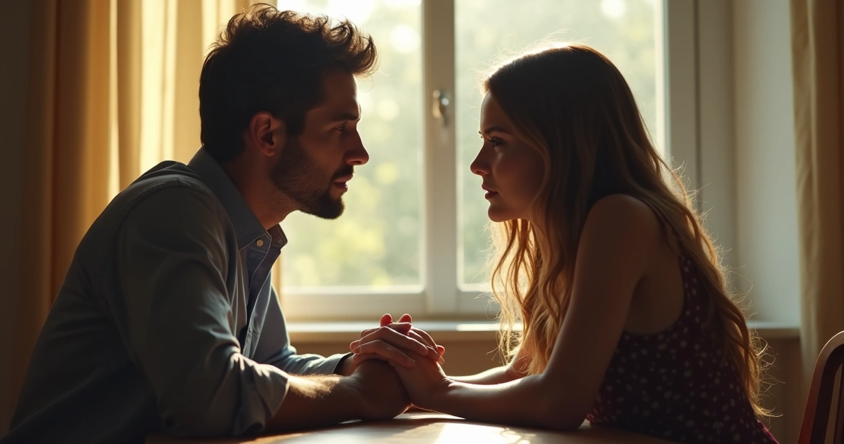 Casal sentado de frente, tocando as mãos sobre uma mesa, olhando um para o outro