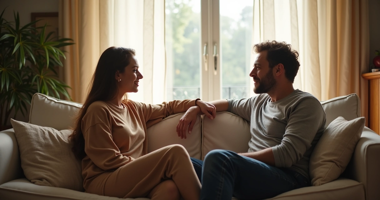 Casal sentado no sofá conversando com calma 