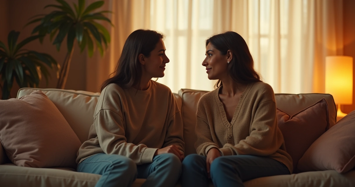 Casal conversando de forma privada em ambiente confortável 