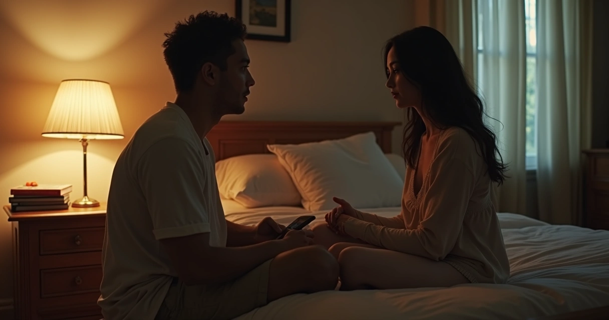Casal sentado na cama conversando em clima de privacidade.